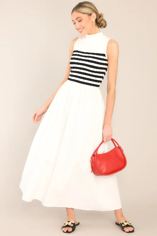 Timeless Treasures White Sleeveless Striped Maxi Dress Comfortable Ruffle Maxi Dress