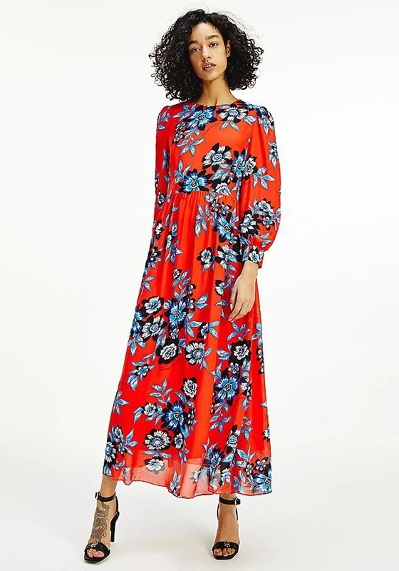 Tommy Hilfiger Chiffon Floral Maxi Dress, Red Stylish V-Neck Maxi Dress