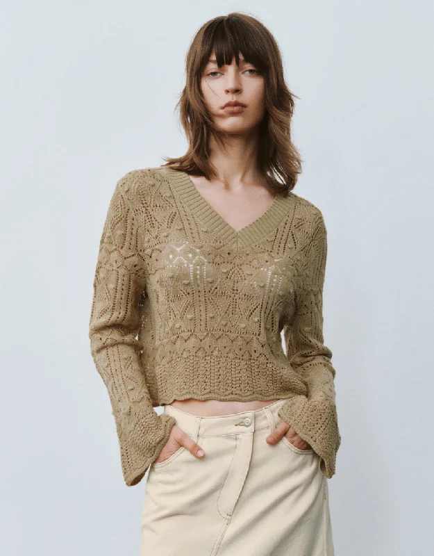 V Neck Knitted T-Shirt Print Jacquard Patchwork