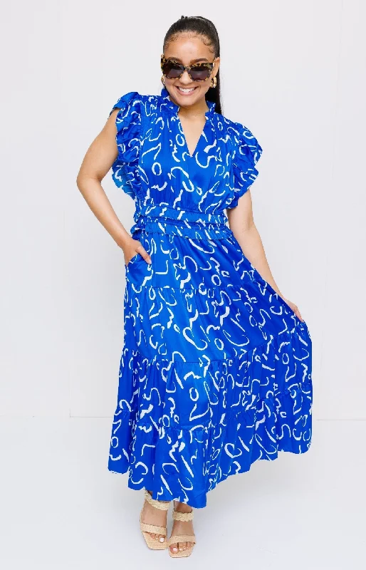 THML: Serpentine Sway Maxi Dress, BLUE Elegant Wraparound Maxi Dress