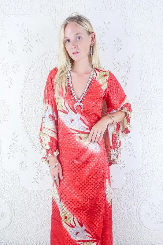 Venus Maxi Dress - Vintage Sari - Crimson Floral Fade - Size S Cozy Spaghetti Strap Maxi Dress