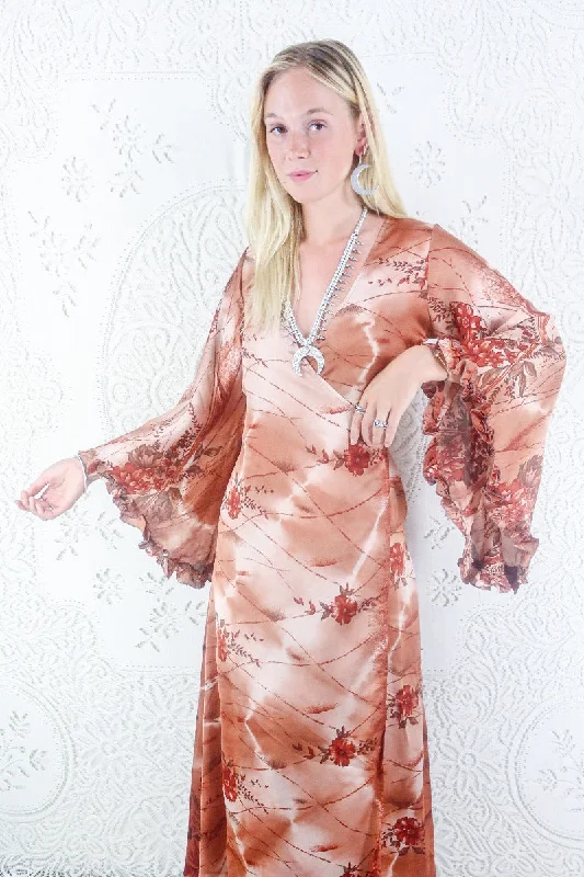 Venus Maxi Dress - Vintage Sari - Rose Gold & Russet Wildflower - Size XS Fashionable Printed Maxi Dress