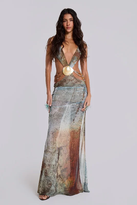 Vida Backless Maxi Dress With Shell Trim Elegant Maxi Dress with Slit