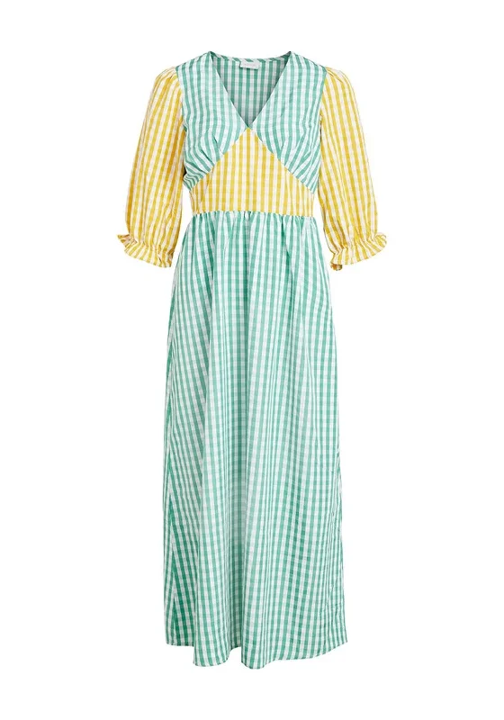 Vila Gingham Print Maxi Dress, Green & Yellow Trendy V-Neck Maxi Dress