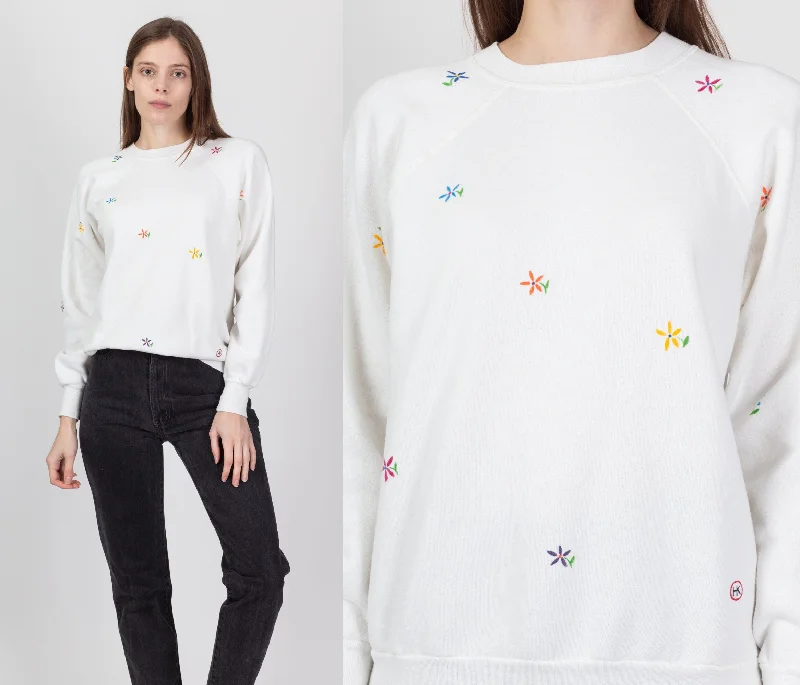 80s Painted Flower Sweatshirt - Large Hoodie with Full-Zip Functional Layering