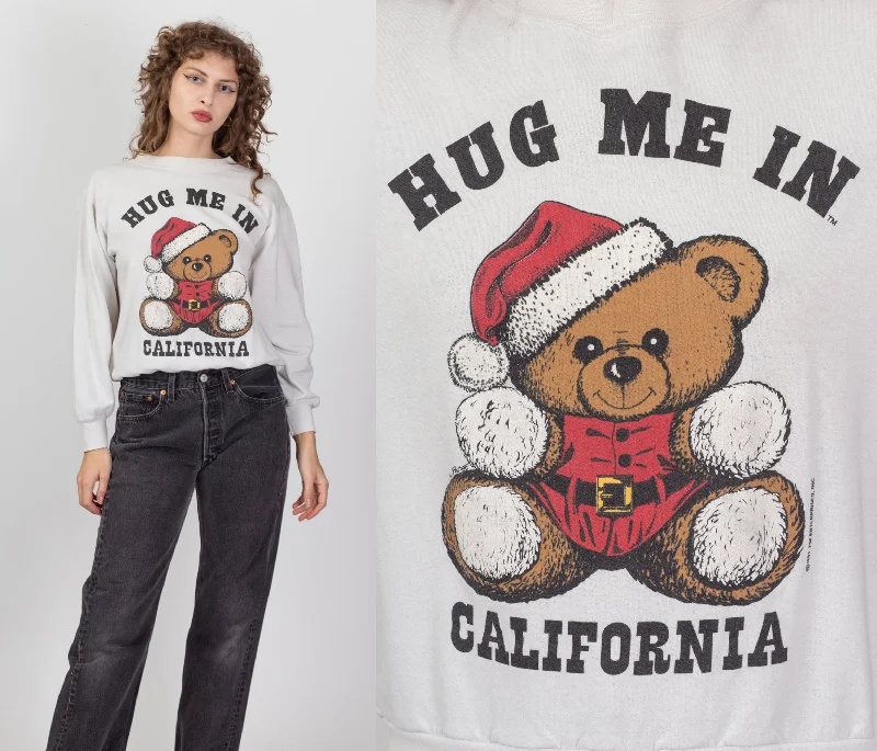 90s "Hug Me In California" Teddy Bear Santa Sweatshirt - Medium Hoodie with Oversized Fit Loose Comfortable