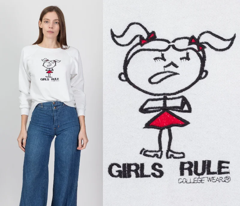 90s Y2K "Girls Rule" Sweatshirt - Petite Small Hoodie with Typography Text Message