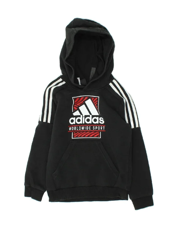 ADIDAS Boys Graphic Hoodie Jumper 7-8 Years Black Cotton Hoodie with Cropped Fit Short Trendy