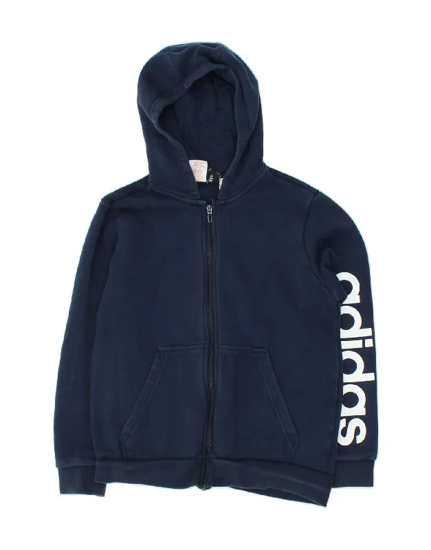 ADIDAS Boys Graphic Zip Hoodie Sweater 13-14 Years Navy Blue Cotton Hoodie with Back Slit Movement Comfort