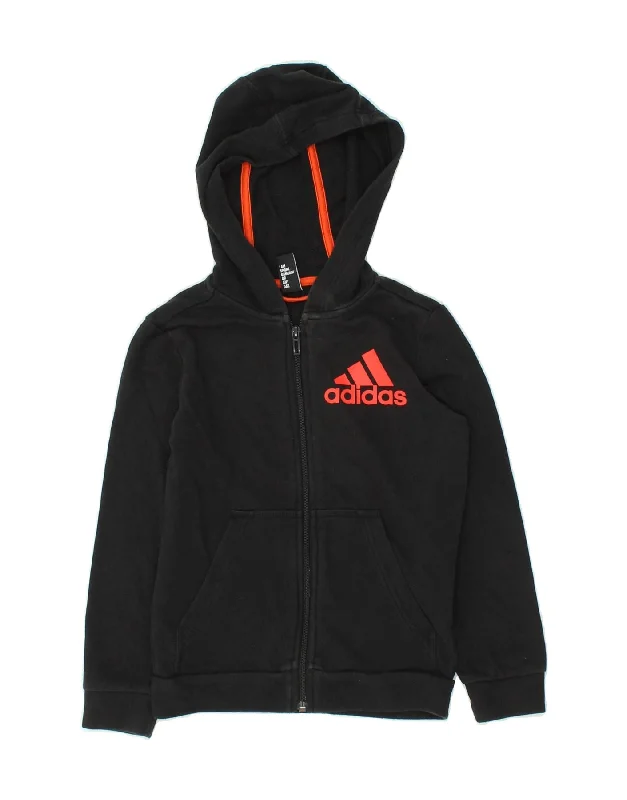 ADIDAS Boys Graphic Zip Hoodie Sweater 7-8 Years Black Cotton Hoodie with Double Zipper Versatile Adjustable