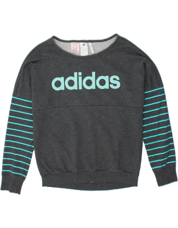 ADIDAS Girls Climalite Graphic Sweatshirt Jumper 14-15 Years Grey Cotton Hoodie with Turtle Neck Cozy Winter