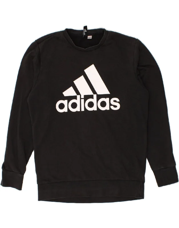 ADIDAS Mens Graphic Sweatshirt Jumper Medium Black Hoodie with Hem Applique Textured Unique