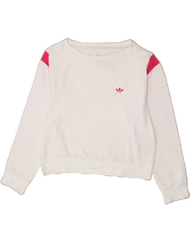 ADIDAS Womens Crop Graphic Sweatshirt Jumper UK 14 Large White Cotton Hoodie with Raw Hem Edgy Unfinished