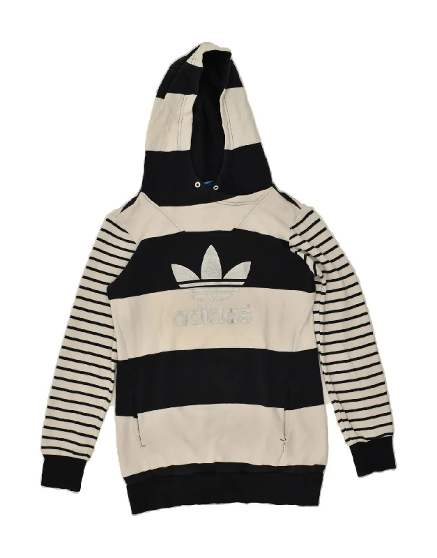 ADIDAS Womens Graphic Hoodie Jumper UK 10 Small Black Striped Cotton Hoodie with Typography Text Message