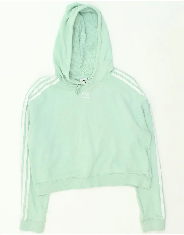 ADIDAS Womens Oversized Crop Hoodie Jumper UK 10 Small Turquoise Cotton Hoodie with Cuffed Sleeves Snug Secure