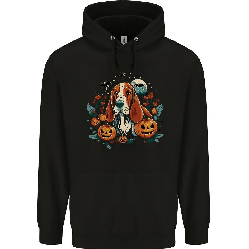 Basset Dog With Pumpkins Halloween Mens 80% Cotton Hoodie Hoodie with Embroidery Detailed Premium