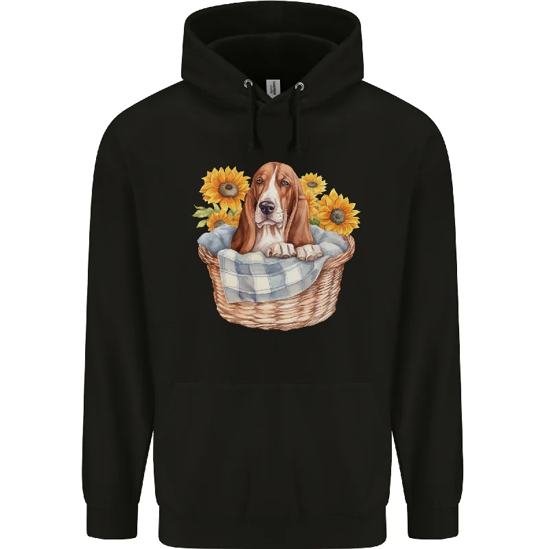 Basset Hound Dog in His Basket Mens 80% Cotton Hoodie Hoodie with Contrast Stitching Detailed Premium