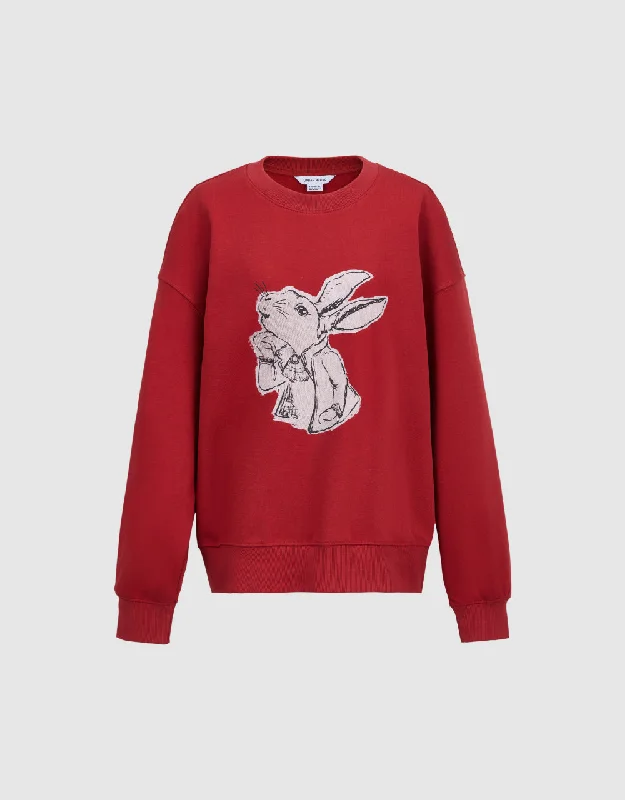 Bunny Print Sweatshirt Hoodie with Hem Frayed Vintage Worn