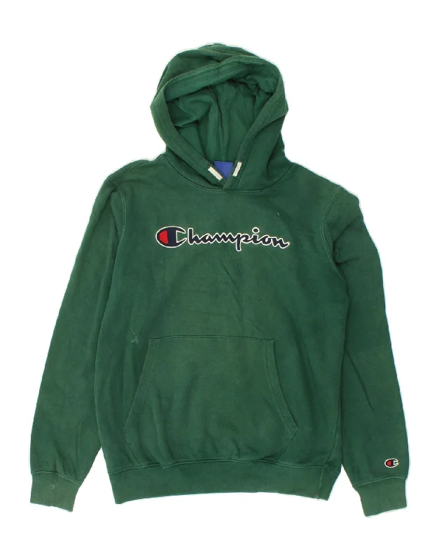 CHAMPION Boys Graphic Hoodie Jumper 15-16 Years 2XL Green Cotton Hooded Sweatshirt Casual Wear Street Style