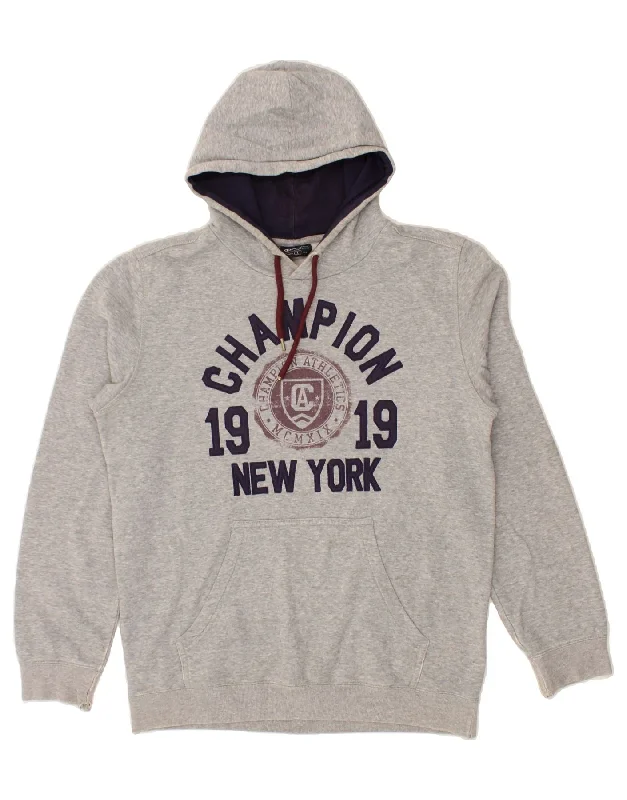 CHAMPION Mens Graphic Hoodie Jumper Large Grey Cotton Hoodie with Crew Neck Simple Timeless