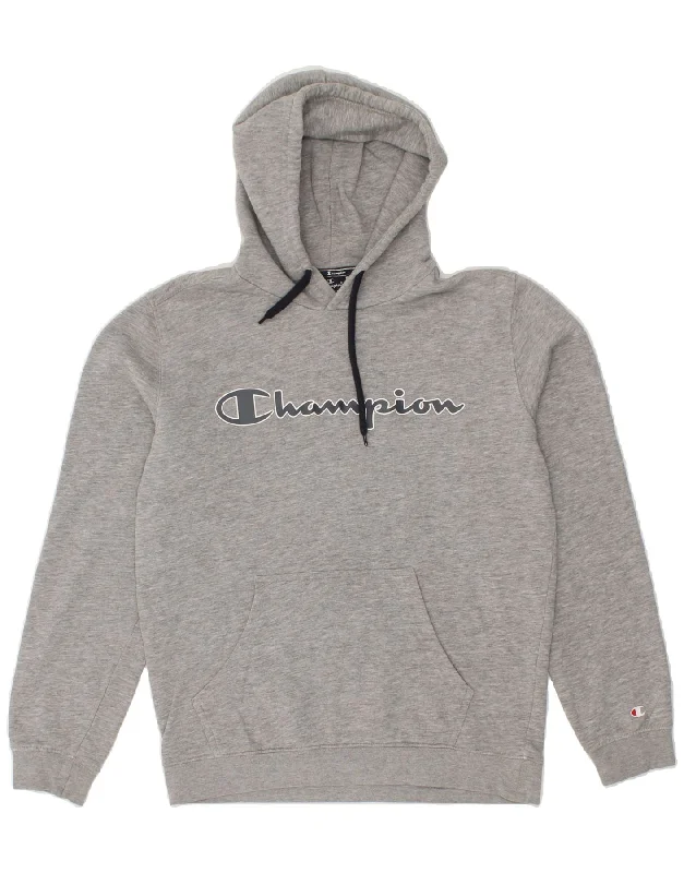 CHAMPION Mens Graphic Hoodie Jumper Medium Grey Cotton Hoodie with Hem Drawcord Adjustable Customizable