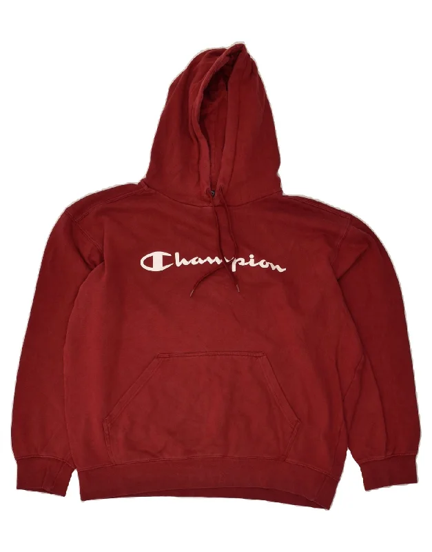 CHAMPION Mens Graphic Hoodie Jumper XL Burgundy Cotton Hoodie with Slit Hem Functional Movement