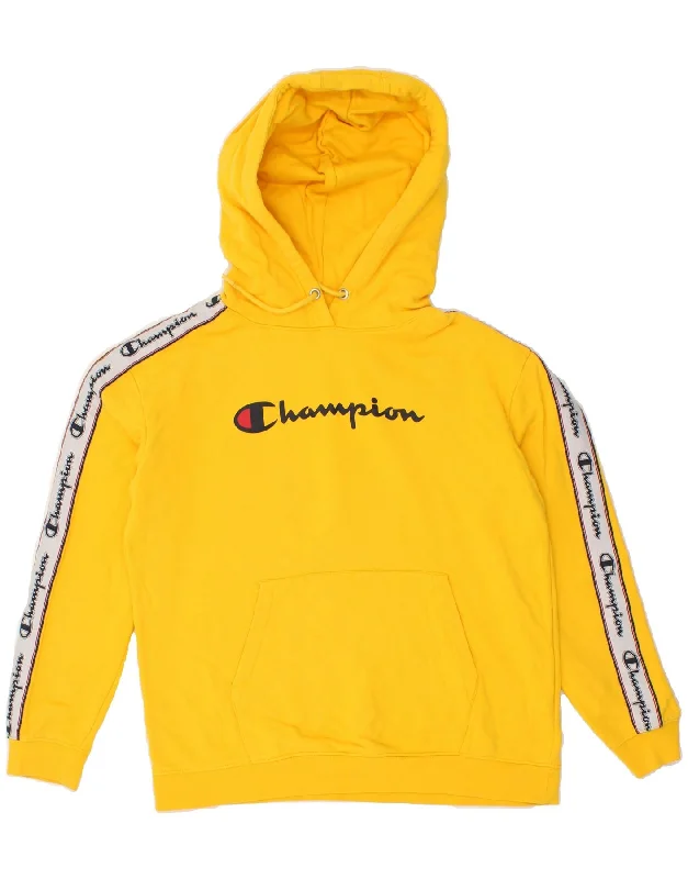 CHAMPION Mens Graphic Hoodie Jumper XL Yellow Cotton Hoodie with Hidden Zipper Minimalist Clean