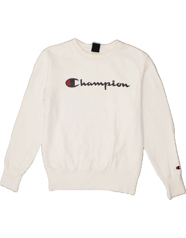 CHAMPION Mens Graphic Sweatshirt Jumper Small White Cotton Hoodie with Pastel Soft Subtle