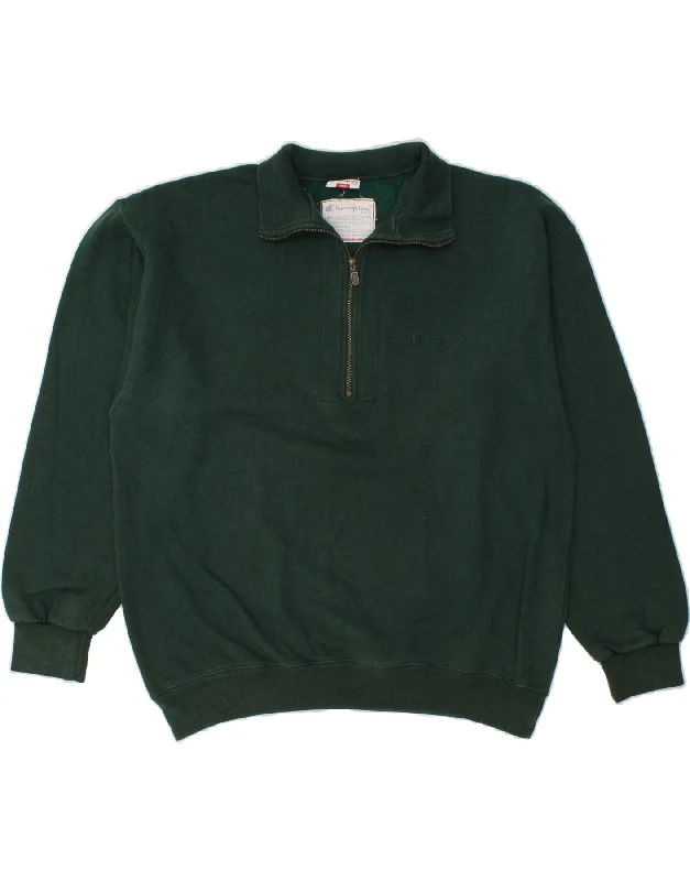 CHAMPION Mens Zip Neck Sweatshirt Jumper Large Green Cotton Oversized Hoodie Comfort Casual