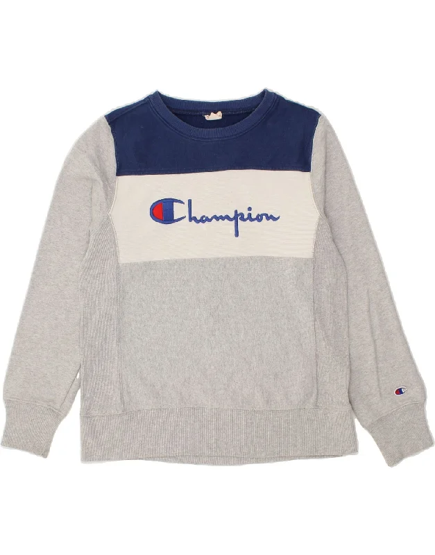 CHAMPION Womens Graphic Sweatshirt Jumper UK 16 Large Grey Colourblock Hoodie with Puffed Sleeves Voluminous Trendy