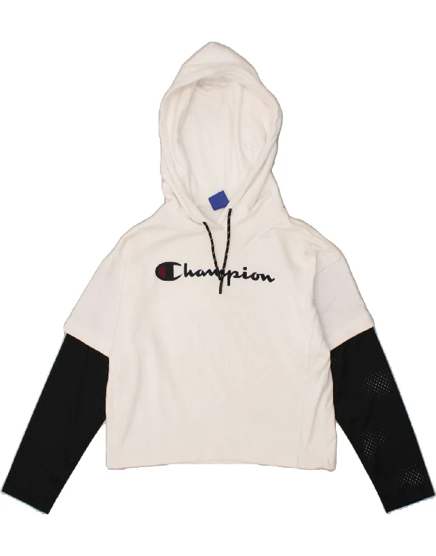 CHAMPION Womens Oversized Crop Graphic Hoodie Jumper UK 6 XS White Hoodie with Monochrome Minimalist Simple