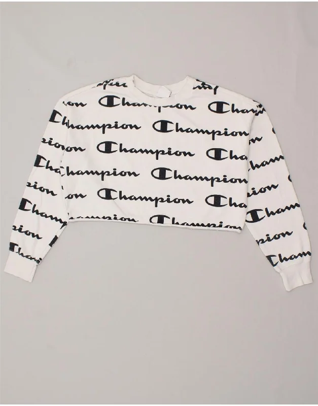 CHAMPION Womens Oversized Crop Graphic Sweatshirt Jumper UK 6 XS White Hoodie with Neon Bright Vibrant