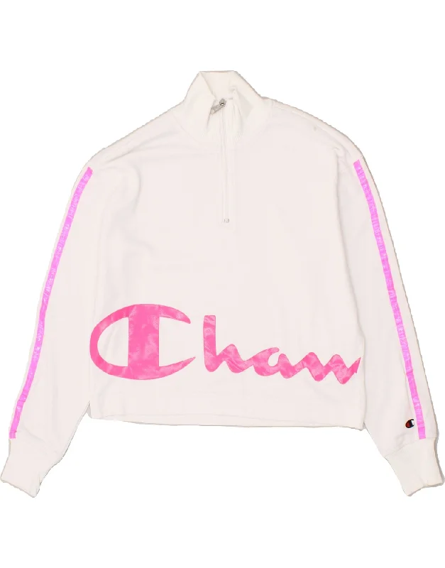 CHAMPION Womens Zip Neck Sweatshirt Jumper UK 10 Small White Cotton Hoodie with Sequins Glamorous Eye-catching