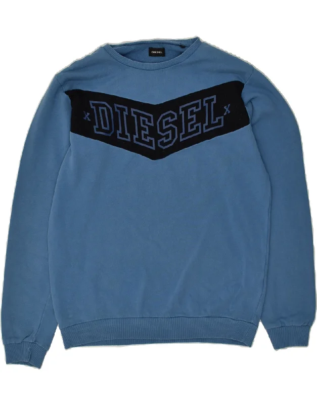 DIESEL Mens Graphic Sweatshirt Jumper Small Blue Cotton Hoodie with Stripes Bold Sporty