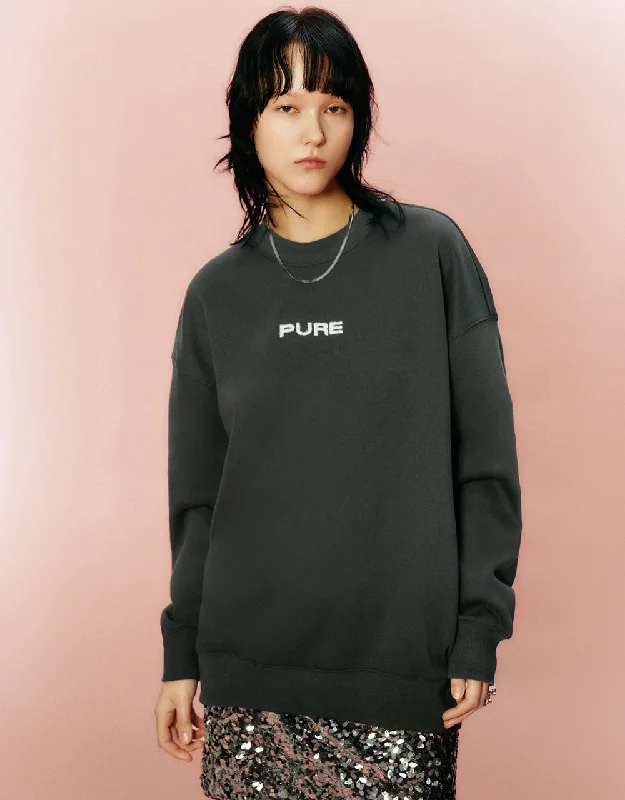 Letter Printed Crew Neck Loose Sweatshirt Hoodie with Lace Feminine Delicate