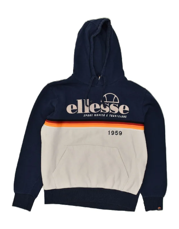 ELLESSE Womens Graphic Hoodie Jumper UK 18 XL Navy Blue Colourblock Cotton Hoodie with Side Slits Relaxed Casual