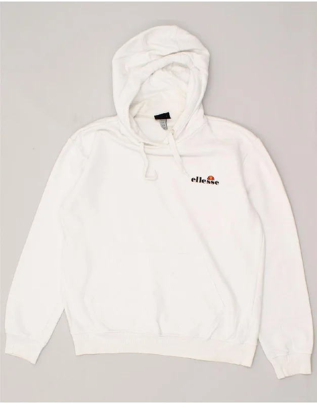 ELLESSE Womens Hoodie Jumper UK 12 Medium White Cotton Hoodie with Button Placket Classic Preppy