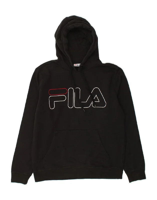 FILA Mens Graphic Hoodie Jumper Small Black Cotton Hoodie with Snap Buttons Easy Quick