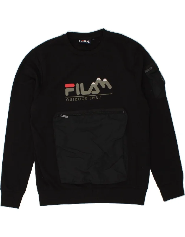 FILA Mens Graphic Sweatshirt Jumper Large Black Cotton Hoodie with Side Slits Relaxed Casual