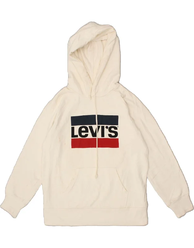 LEVI'S Mens Oversized Graphic Hoodie Jumper UK 6 XS Off White Cotton Hoodie with Fur Luxurious Winter