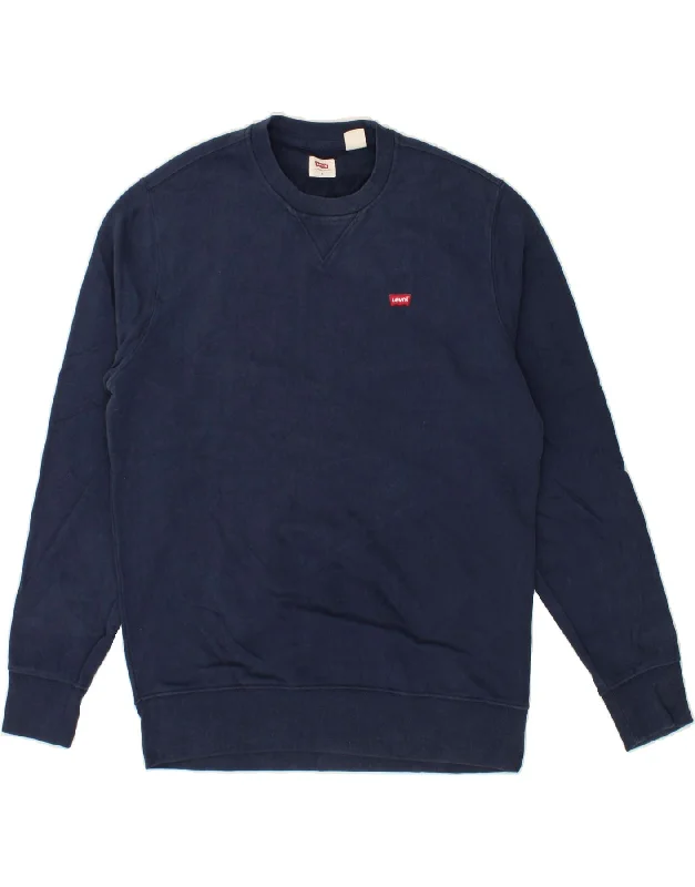 LEVI'S Mens Sweatshirt Jumper Small Navy Blue Cotton Hoodie with Button Placket Classic Preppy