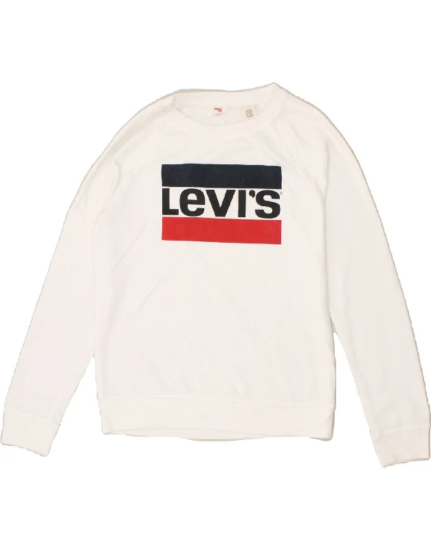 LEVI'S Womens Graphic Crop Sweatshirt Jumper UK 10 Small White Hoodie with Color Block Contrast Stylish