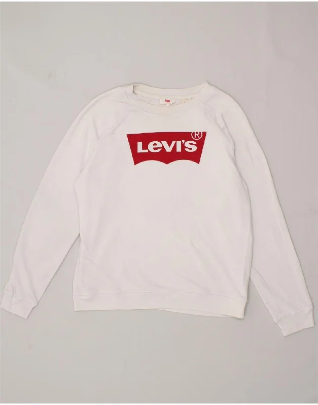 LEVI'S Womens Graphic Sweatshirt Jumper UK 16 Large White Cotton Hoodie with Rolled Sleeves Casual Relaxed