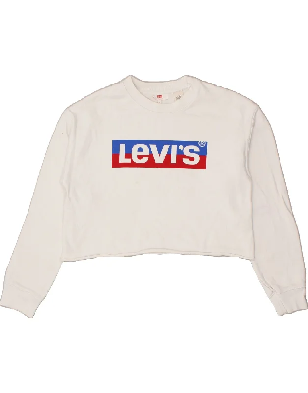 LEVI'S Womens Oversized Crop Graphic Sweatshirt Jumper UK 6 XS White Hoodie with Pastel Soft Subtle