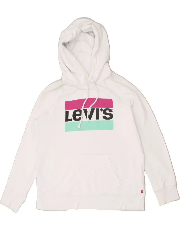 LEVI'S Womens Oversized Graphic Hoodie Jumper UK 10 Small White Cotton Hoodie with Belted Waist Structured Tailored