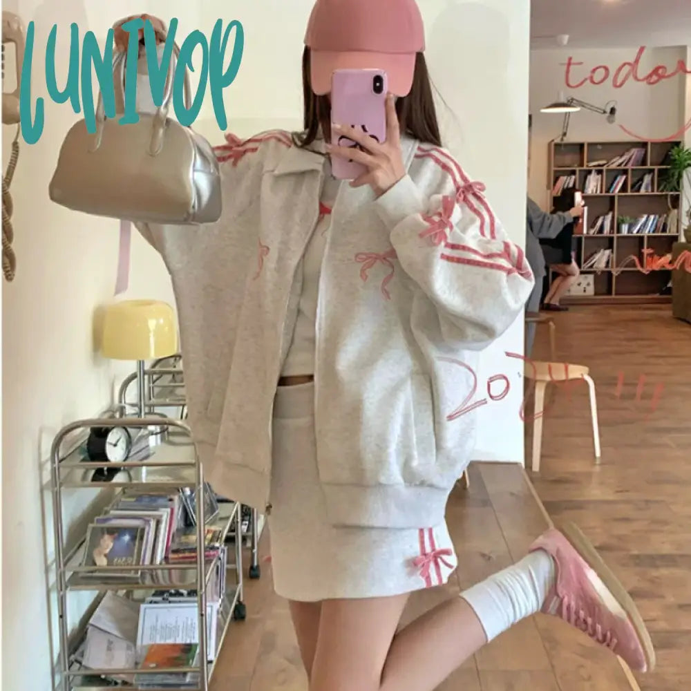 Lunivop 2 Piece Skirt Sets Female Y2k Clothing Zipper Bow Sweet Korean Fashion Hoodie Suits Women Studentseven Party Outwear 2024 Hoodie with Belted Waist Structured Tailored