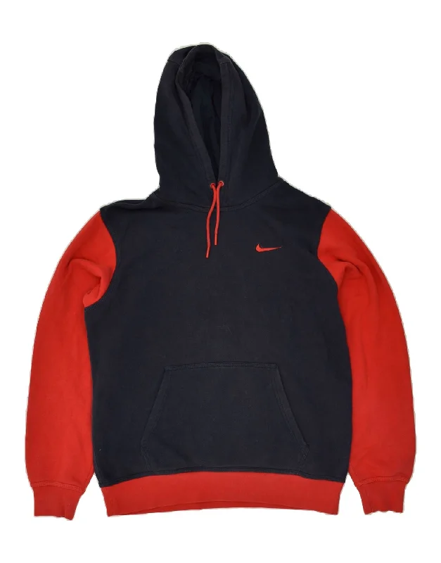 NIKE Mens Hoodie Jumper Medium Navy Blue Colourblock Cotton Hoodie with Lace Feminine Delicate