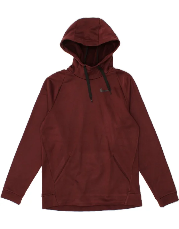 NIKE Mens Hoodie Jumper Small Maroon Polyester Hoodie with Hem Applique Textured Unique