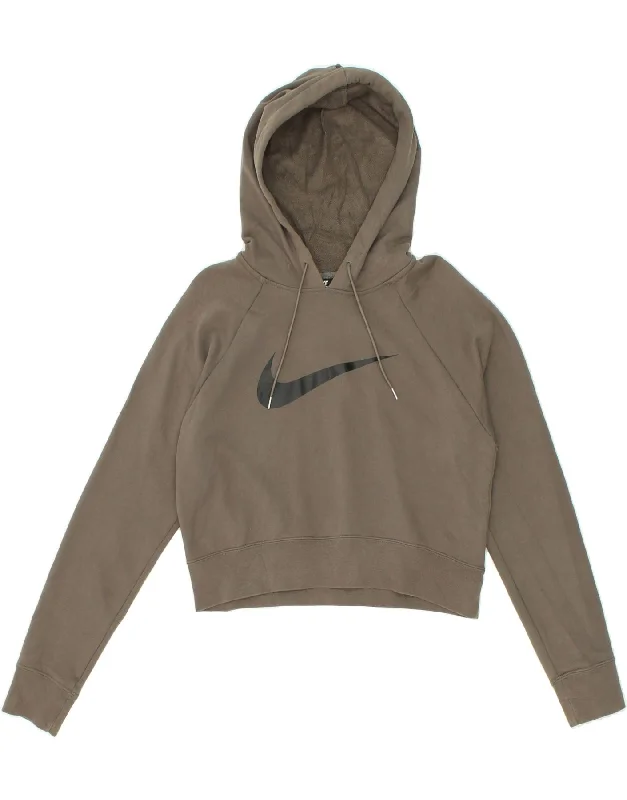 NIKE Womens Graphic Crop Hoodie Jumper UK 14 Large Grey Cotton Hoodie with Longline Fit Extended Stylish