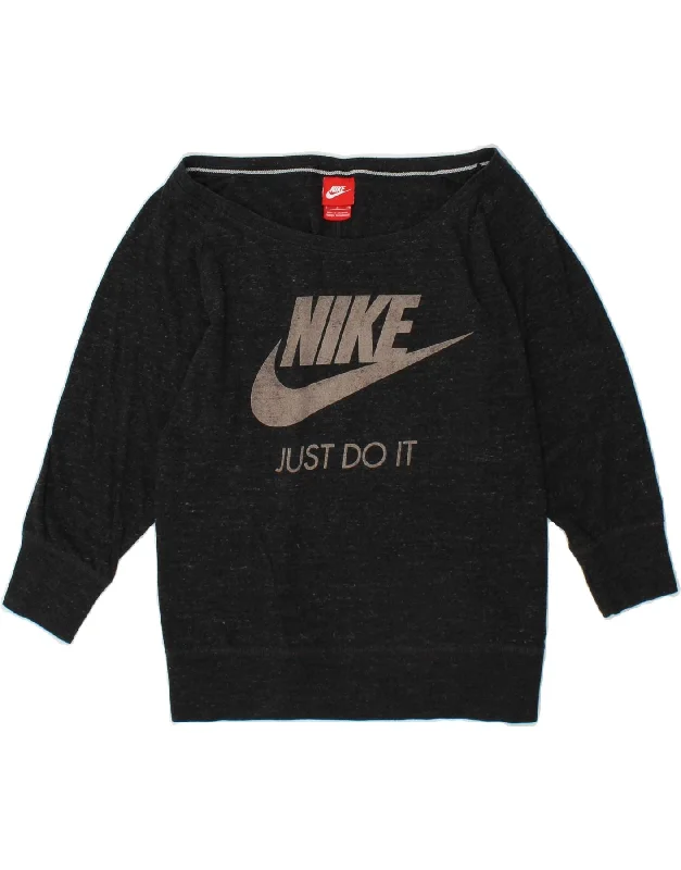 NIKE Womens Graphic Sweatshirt Jumper UK 10 Small Grey Cotton Hoodie with Hidden Zipper Minimalist Clean